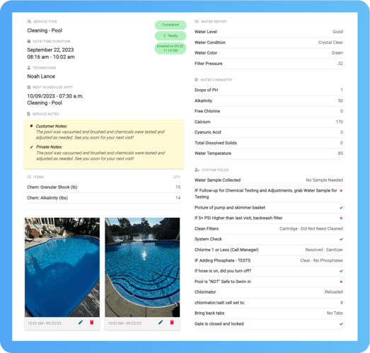 Pool Service Software - Emailed Service Report