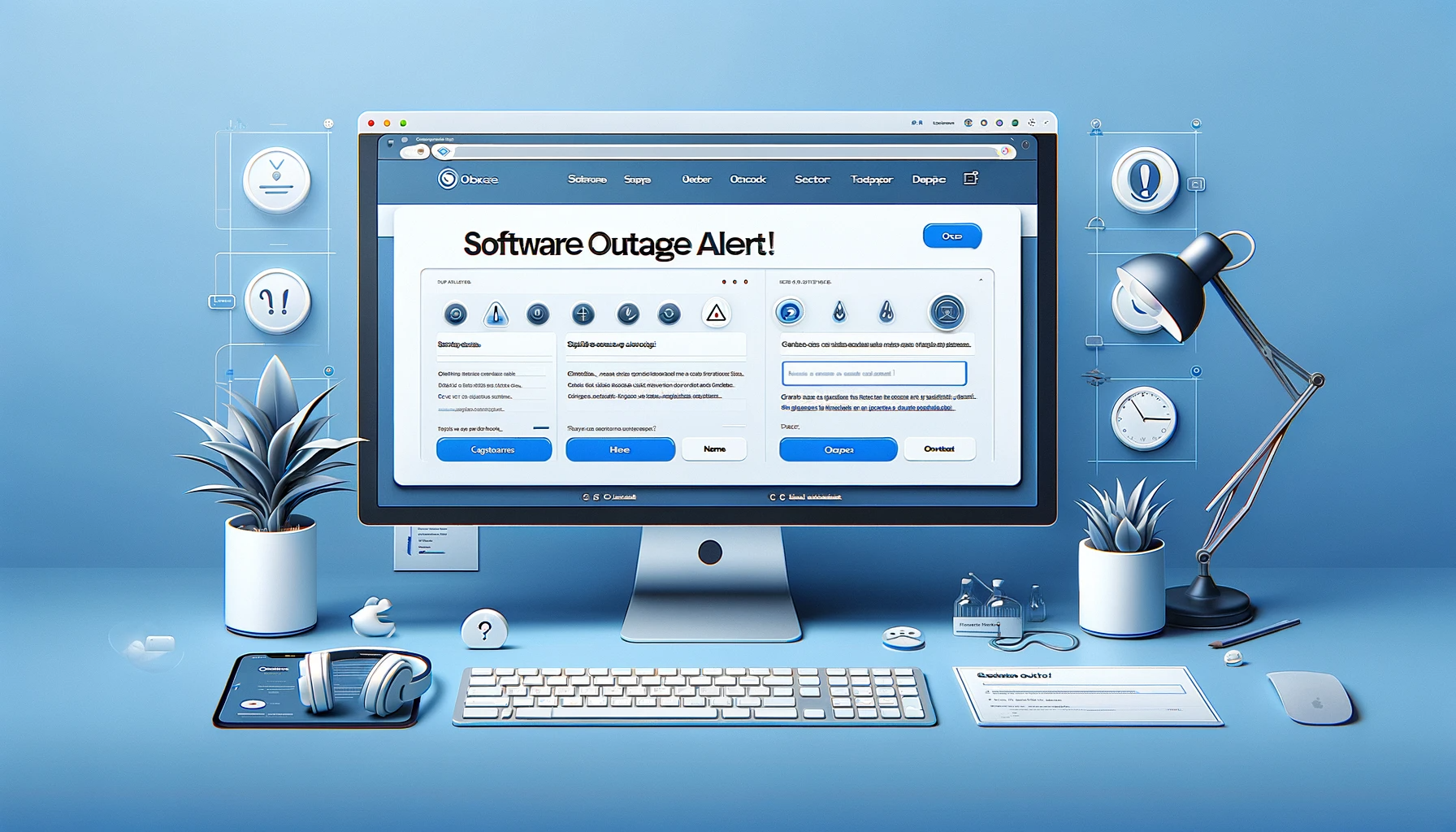 DALL·E 2023-12-18 13.21.27 - A website page for a software outage. The page features a sleek, modern design with a primary color scheme of blue and white. At the top, theres a pr